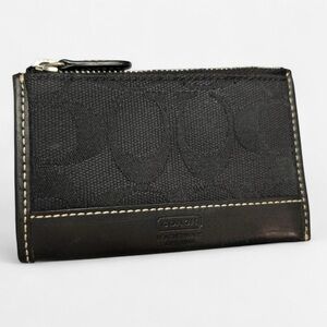Coach Signature Black Canvas & Leather Wallet Card Holder Key Ring Zip Coin Case